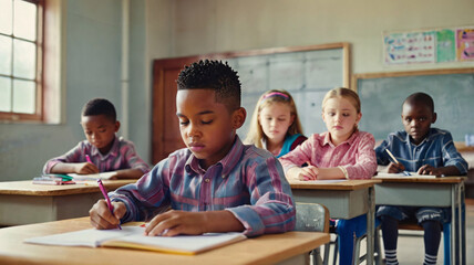 This image shows a classroom scene where several children are seated at wooden desks, engaged in writing.