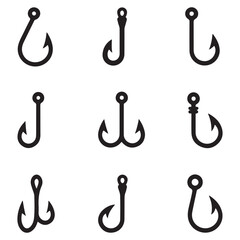 Fishing hook icon vector set. Fishing illustration sign collection. fish symbol or logo. Vector Black silhouettes. with white background