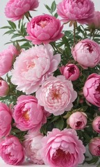Vibrant pink peonies & roses bouquet, white backdrop,  photography,  flower arrangement