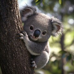 Naklejka premium Adorable koala climbing a tree in nature.