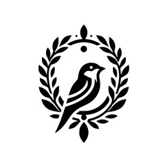 Elegant Black Bird in Laurel Wreath, Vector Icon Design