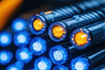 Close-up of LED lights with blue and orange illumination