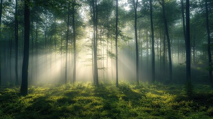Misty morning in the forest, with soft light filtering through the trees. 