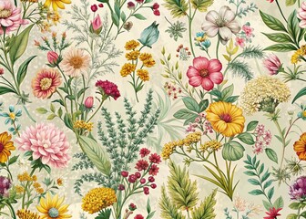 Vintage Spring Floral Silhouette, Botanical Herb Flower Blossom Fabric Print Design