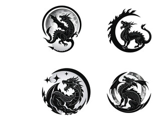 Fototapeta premium Mythical Dragon Silhouette with Crescent Moon – Fantasy Tattoo or Logo Vector Design