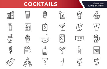 Cocktails line icon set. Drinks, party, club, alcoholic, bubble tea, vodka, pub, coffee, refreshment outline icon collection. UI thin outline icon pack