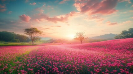 Sunrise over a field of vibrant pink flowers