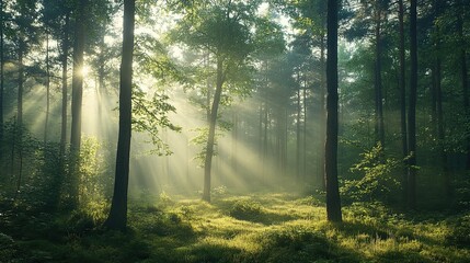 Naklejka premium Misty morning in the forest, with soft light filtering through the trees. 