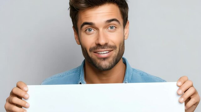 Smiling man holding a blank sign with cheerful expression and casual attire.
