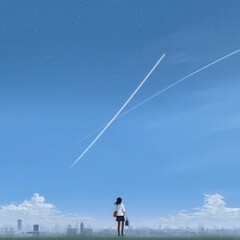 A girl aiming for infinity, beyond the sky, gazing at the sky, a beautiful view. A beautiful work from pixiv. A masterpiece from pixiv.