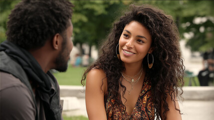 Cheerful beautiful young  woman having conversation with  boyfriend or husband, spouses chatting, attraction