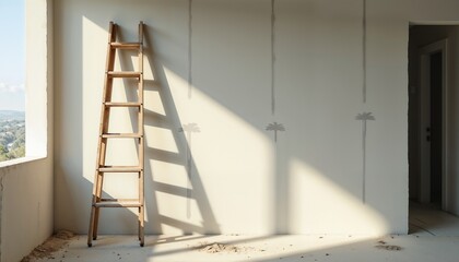 Wooden ladder casting shadows on freshly plastered wall  