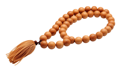 Close up of a strand of wooden beads with a tassel isolated on transparent background	