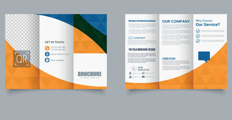 Corporate Trifold Brochure Template with Orange and Blue Abstract Design. Editable image.