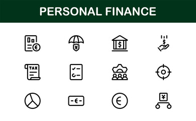 Essential Personal Finance Icon Set Vector Illustration. Includes Icons for Savings, Loans, Credit, and Financial Planning for Money Management Designs