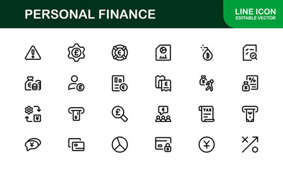 Essential Personal Finance Icon Set Vector Illustration. Includes Icons for Savings, Loans, Credit, and Financial Planning for Money Management Designs