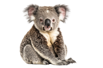 Young koala, Phascolarctos cinereus, 14 months old, sitting in front of white background PNG