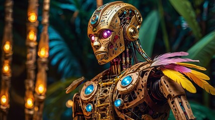 Fototapeta premium Futuristic humanoid robot with intricate designs and colorful features, showcasing a blend of technology and artistry.