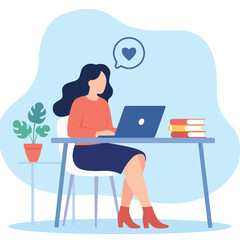 Happy Woman Working on Laptop, Remote Work and Digital Communication Concept Vector Illustration
