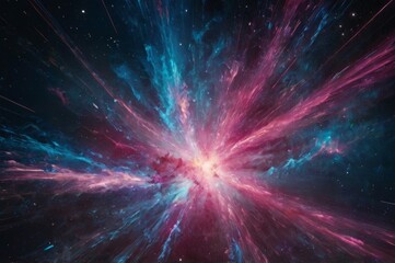 Abstract cosmic background with pink and blue light trails resembling explosion and hyper jump into another galaxy