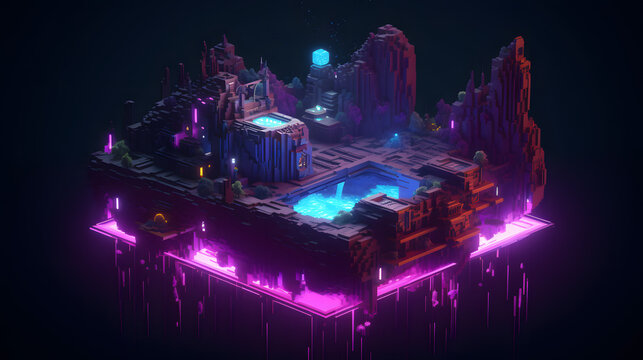 cyberpunk voxel floating island neon purple 3D Floating