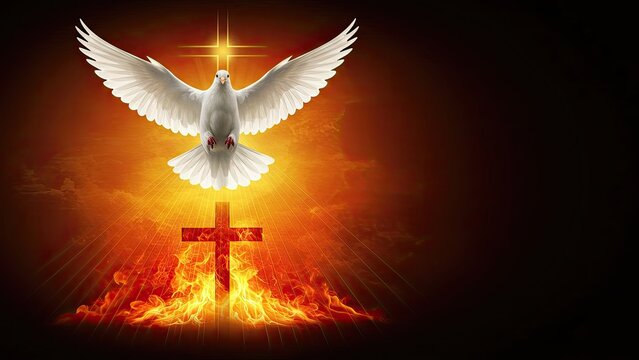 White dove Holy Spirit with tongues of fire, stylized cross and text "Come, Holy Spirit!" Pentecost, day of the holy trinity, for Christian holiday concept.