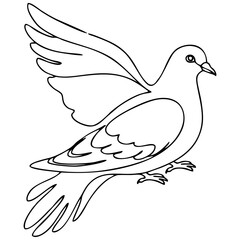 Vector illustration of a flying dove with detailed line art wings and feathers, drawn in a clean black and white style. Represents peace, hope, and spiritual purity, ideal for symbolic and decorative 