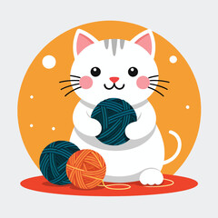 Obraz premium Cute Cartoon Cat with Yarn Balls Illustration_Adorable Kitten Playing with Colorful Wool_Perfect for Crafting and Knitting Designs_Whimsical Feline Art for Creative Projects