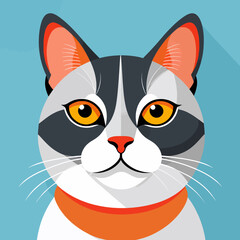 Obraz premium Cute_Cat_Cartoon_Illustration_of_a_Gray_and_White_Cat_with_Orange_Collar_on_a_Blue_Background_Vector_Art_of_a_Domestic_Pet_Animal_Illustration_For_Kids