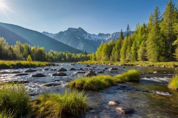 Sunny landscape of river in forest with mountains in background, cold and natural landscape