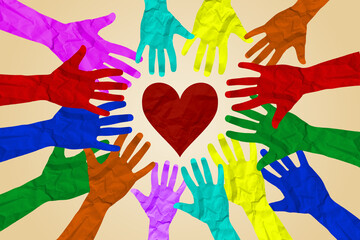United diversity and unity partnership as heart hands in a group of diverse people connected together shaped as a support symbol expressing the feeling of teamwork and togetherness.