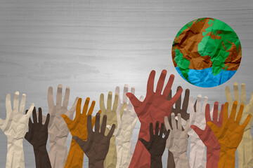 Global culture and world diversity or earth day as a concept of diverse people and crowd cooperation symbol as hands holding together the planet earth in a 3D illustration style.