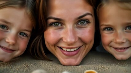 A mother and her two daughters share laughter and joy as they explore the beach, collecting seashells on a sunny day in May