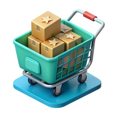 Shopping online business, e-commerce, delivery and customer review concepts. Green checkmark icon on white parcel boxes in shopping trolley cart with five stars rating on blue background, vertical