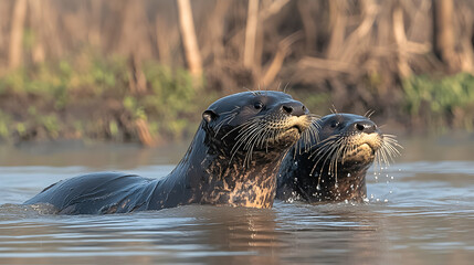 Fototapeta premium Two Giant River Otters emerge from the water, their whiskers glistening, in a serene natural habitat.