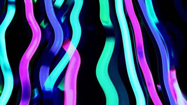 Neon light waves in blue, cyan, and pink glow on a black background, creating a vibrant futuristic look.