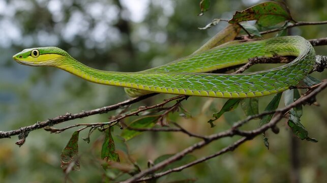 Green Vine Snake on Branch, Close-Up