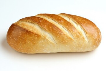 Fresh, crusty loaf of bread, light golden brown  Visible, even cuts run lengthwise