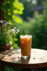 Refreshing Iced Beverage on Wooden Table in Sunny Garden Setting with Tiny Insects