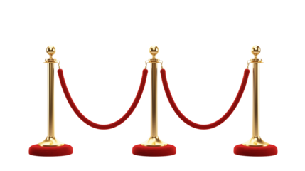 Three golden stanchions with red velvet ropes isolated on transparent background	