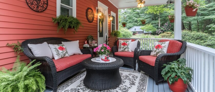 Cozy porch seating area with red accents,  woodland view. Relaxing home exterior scene