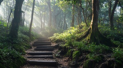 Obraz premium Peaceful nature trail journey through lush forest enchanting greenery scenic landscape photography serene atmosphere