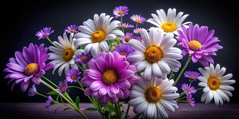 Fototapeta premium Spring Floral Photography: Vibrant Daisies & Purple Flowers Dark Background