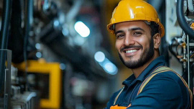 Construction Engineer Worker in Industrial Site: Hard Hat, Machinery, and Safety Teamwork Portrait for Skilled Trades - Smiling Employee Emphasizing Workplace Safety and Positive Attitude
