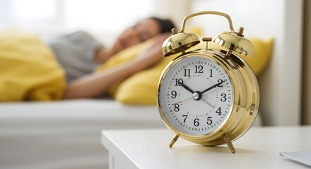 Naklejka premium Golden Alarm Clock on White Nightstand with Woman Asleep in Bed with Yellow Pillows in Bright Room
