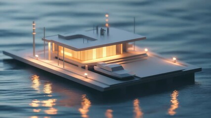 A model of a floating house sitting on calm waters, perfect for illustrations or designs related to architecture, leisure activities or travel.