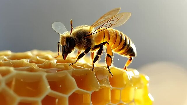 Close-Up of Bee on Honeycomb in Soft Natural Light
