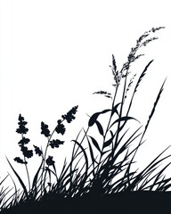 Elegant silhouette of meadow grasses against a stark white background creating a minimalist nature scene showcasing botanical simplicity and graceful plant forms