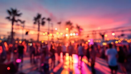 Blurry Sunset Festival Scene with Crowd and Lights