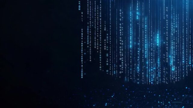 Abstract digital background with cascading binary code in blue tones representing technology and data flow